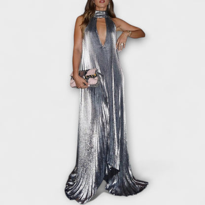 Lyra | Halter Neck Deep V Metallic Prom Maxi Dress