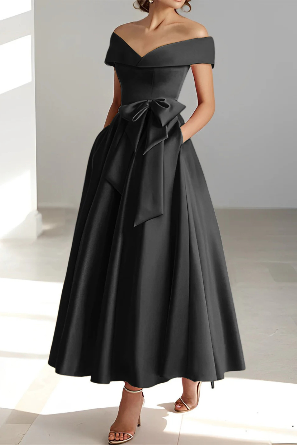 Delphine | Off Shoulder Bow Midi Dress