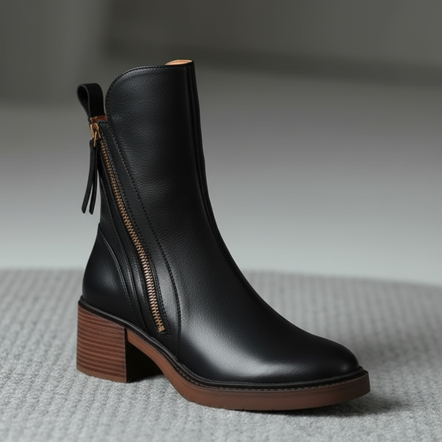 Gracelyn | Black leather boot with a comfortable heel, elegant and timeless