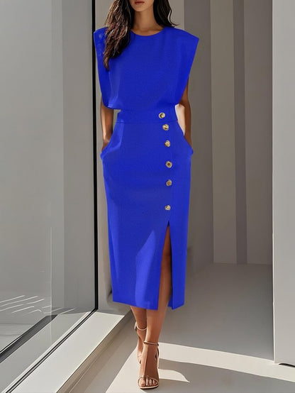 Noor | Round Neck Button-Slit Midi Dress
