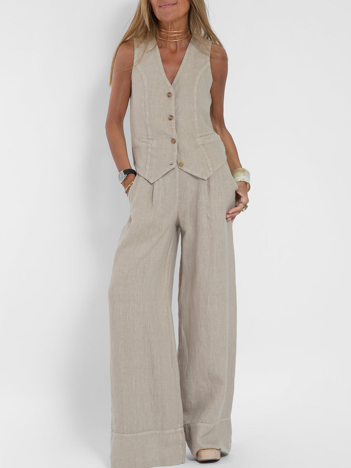 Vera | Buttoned Vest and Wide-Leg Trouser Set