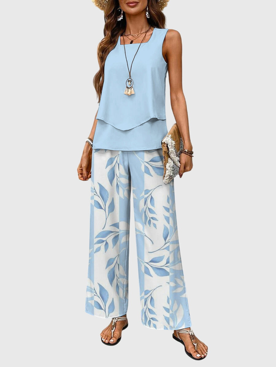 Solina | Square Neck Top & Printed Wide Leg Pants Set