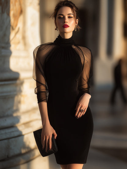 Isolde | Sheer Sleeve High-Neck Cocktail Dress