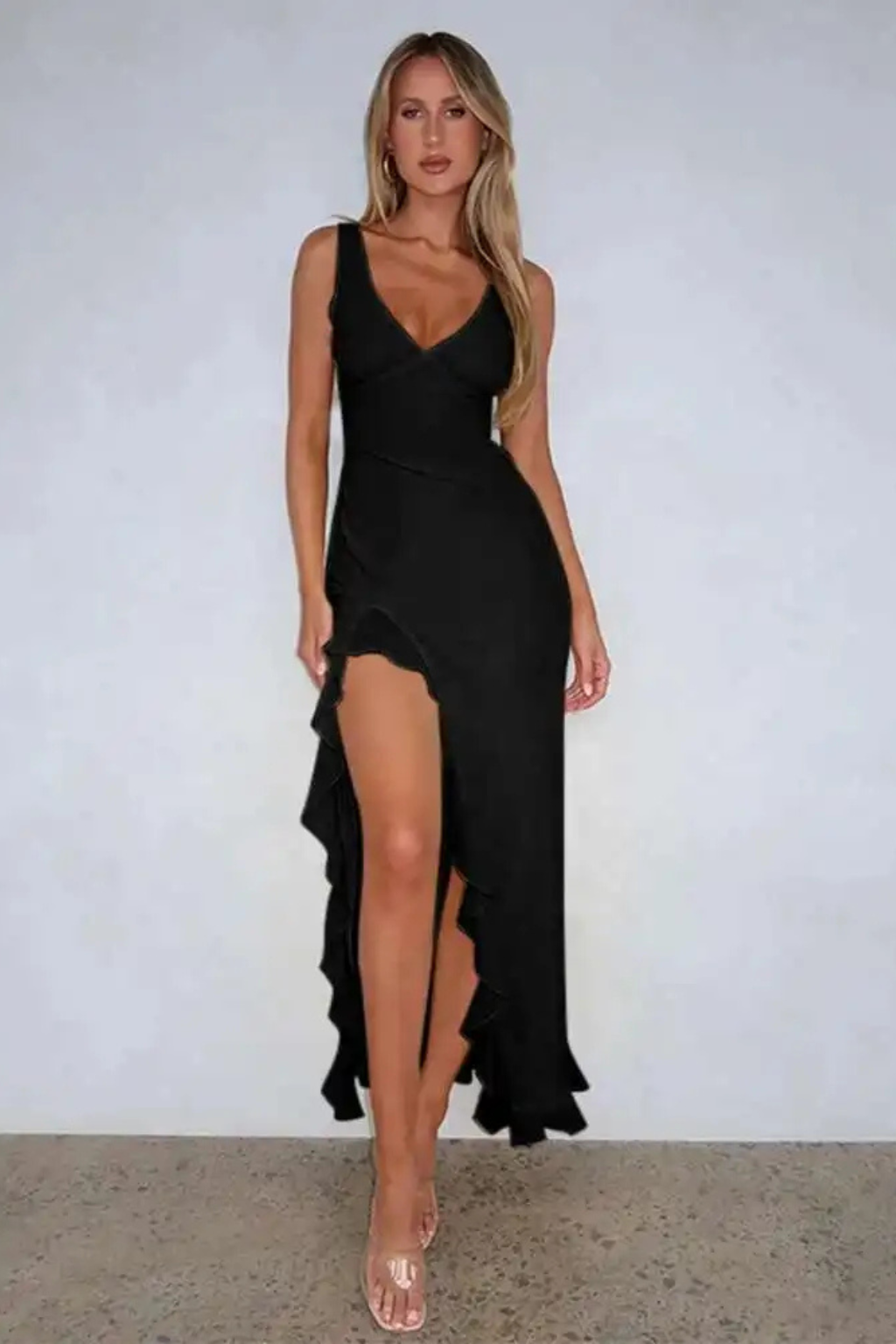 Brielle | V Neck Ruffle Hem Midi Dress