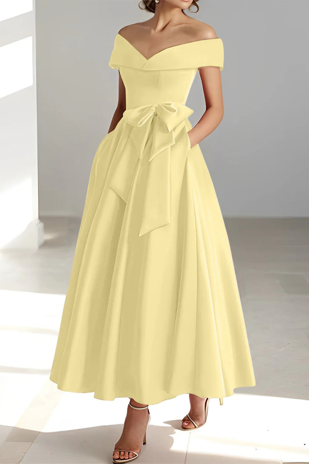 Delphine | Off Shoulder Bow Midi Dress