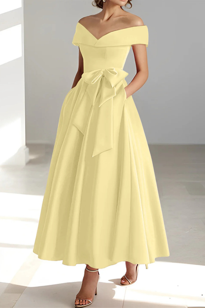 Delphine | Off Shoulder Bow Midi Dress