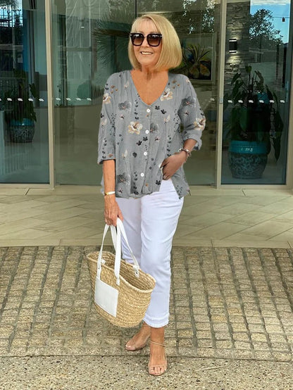 Clotilde | Floral V-Neck Three-Quarter Sleeve Blouse