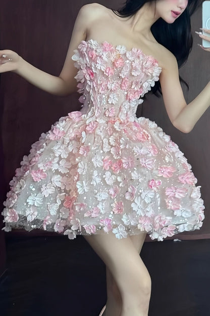 Alva | Strapless 3D Floral Mini Cocktail Dress