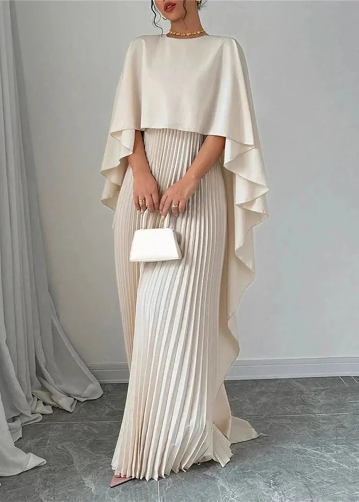 Makayla | Pleated Cape Wedding Guest Maxi Dress