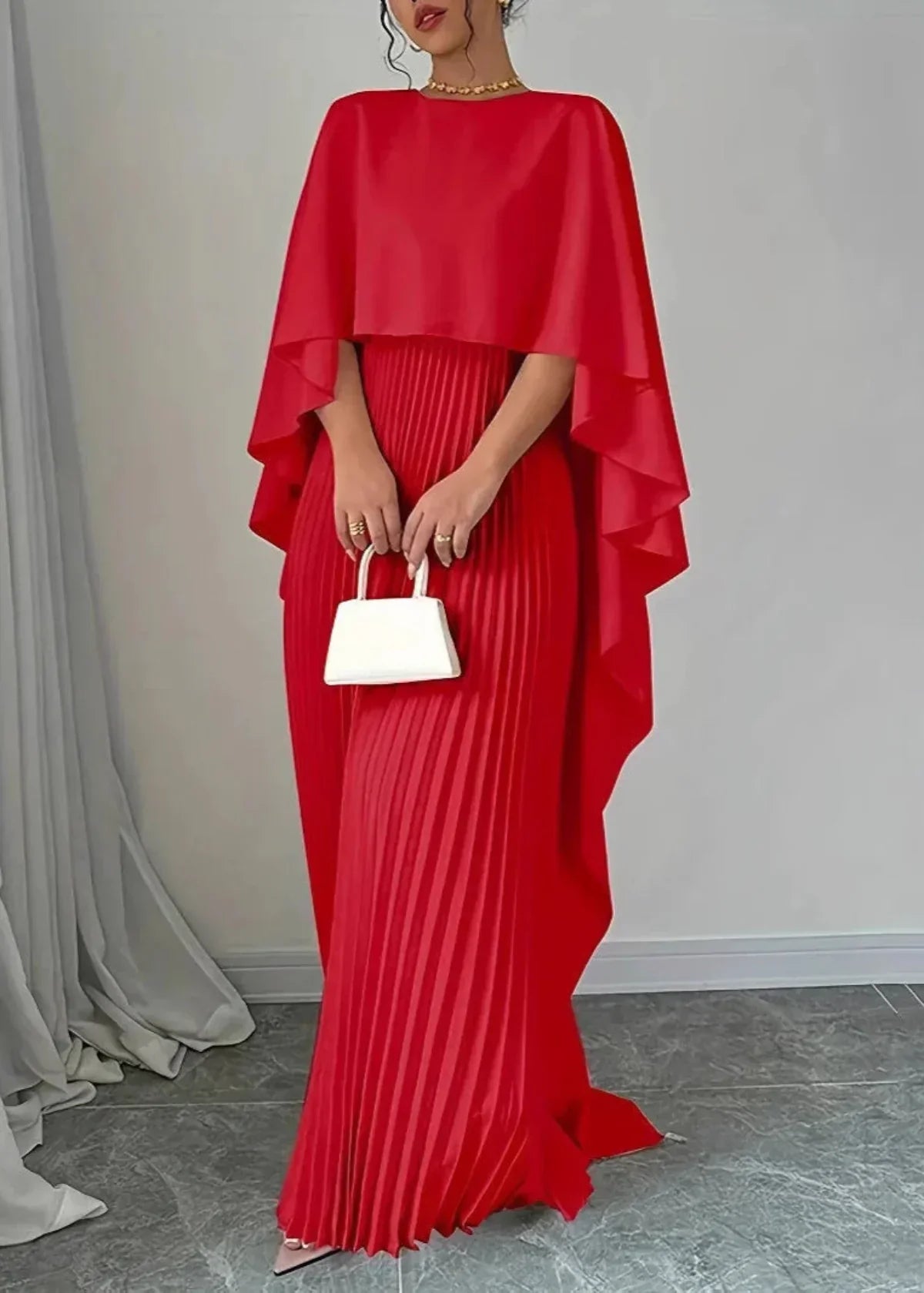 Makayla | Pleated Cape Wedding Guest Maxi Dress