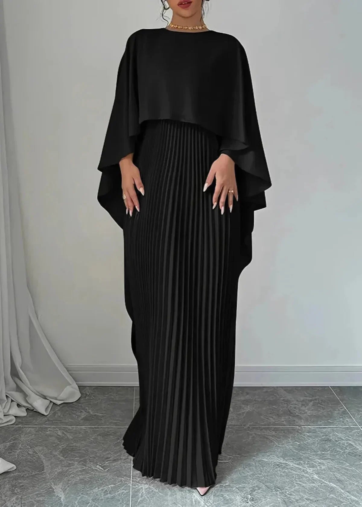Makayla | Pleated Cape Wedding Guest Maxi Dress