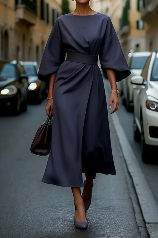 Britt | Lantern-Sleeve Waist-Cinching Midi Cocktail Dress