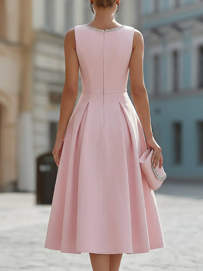Elaria | Rhinestone Neckline Midi Cocktail Dress