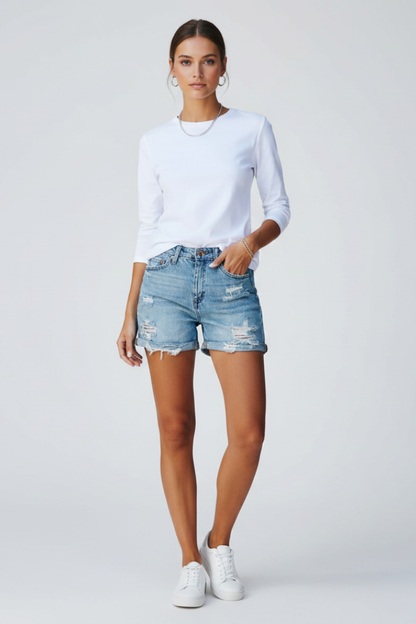 Charla | Distressed Fringe Denim Shorts