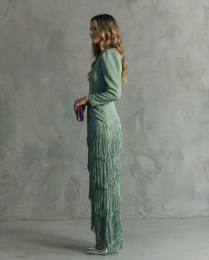 Greta | Fringe-Sleeve Midi Dress