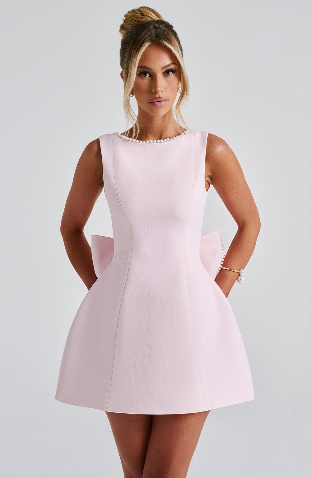 Linnea | Pearl-Trim Bow-Back Mini Dress