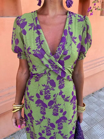 Kiera | Printed V Neck Midi Dress