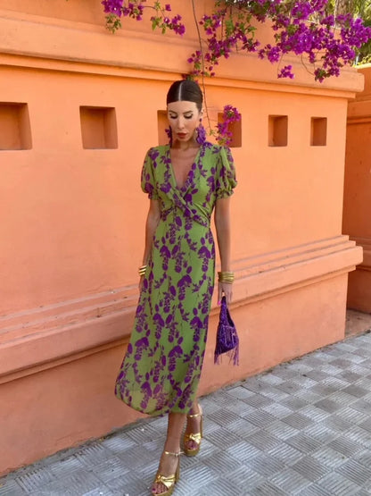 Kiera | Printed V Neck Midi Dress