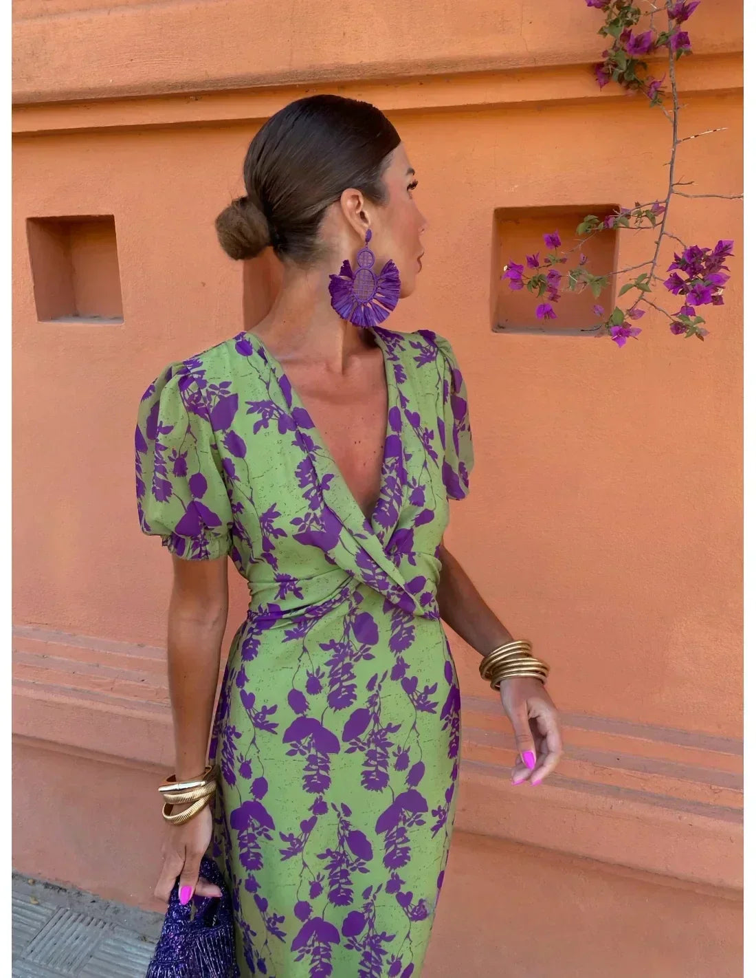 Kiera | Printed V Neck Midi Dress
