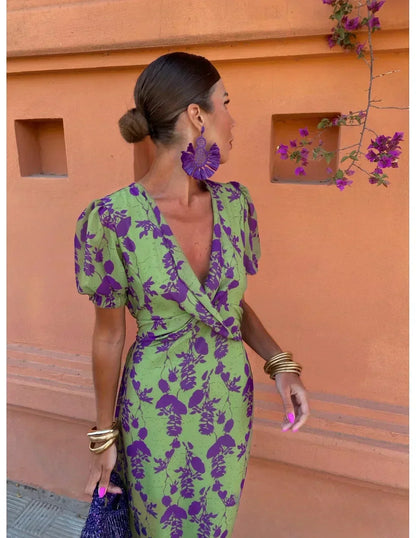 Kiera | Printed V Neck Midi Dress