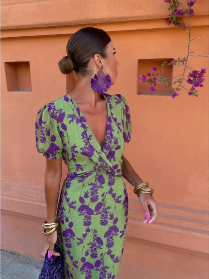Kiera | Printed V Neck Midi Dress