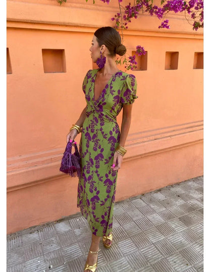 Kiera | Printed V Neck Midi Dress