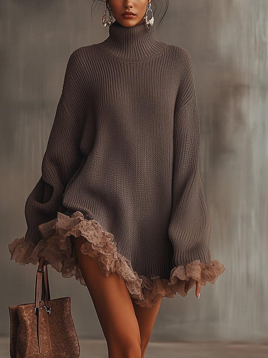 Liv | Ruffle Hem High-Neck Knit Sweater Dress