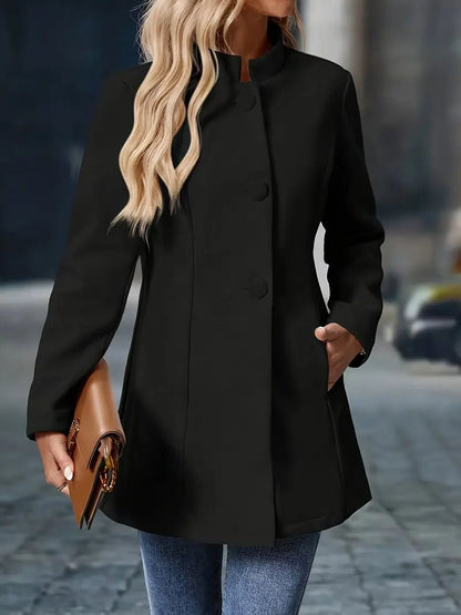 Halina | Stand-Collar Wool Blend Midi Coat