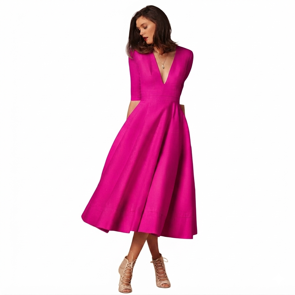 Ottilia | V-Neck Woven Pleated Midi Dress