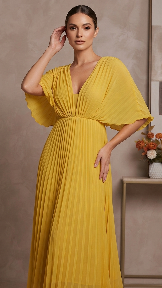 Yvaine | Pleated V-Neck Wedding Guest Maxi Dress