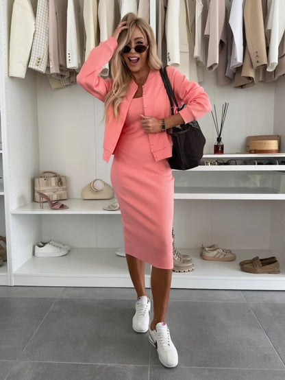 Faye | Ribbed Midi Dress and Cardigan Set