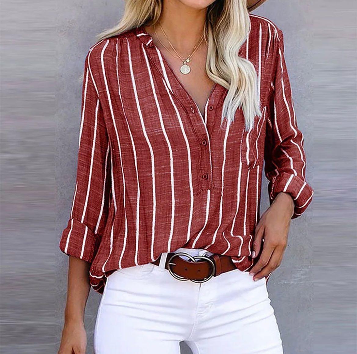 Maren | Rust Striped Button Front Blouse