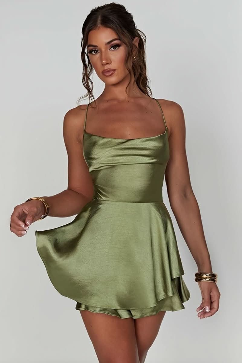 Roosa | Satin Square-Neck Ruffle Mini Cocktail Dress