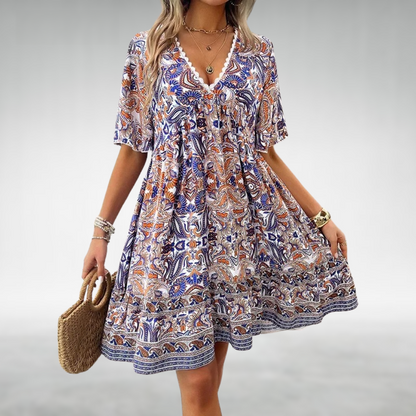 Mabel | Boho Printed V Neck Mini Dress