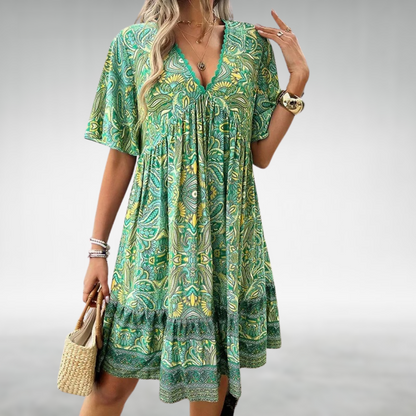 Mabel | Boho Printed V Neck Mini Dress