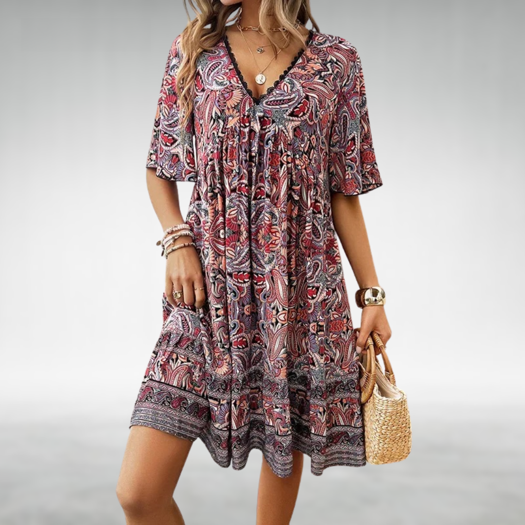 Mabel | Boho Printed V Neck Mini Dress