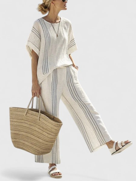 Marbella | Linen Top & Striped Wide Leg Pants Set