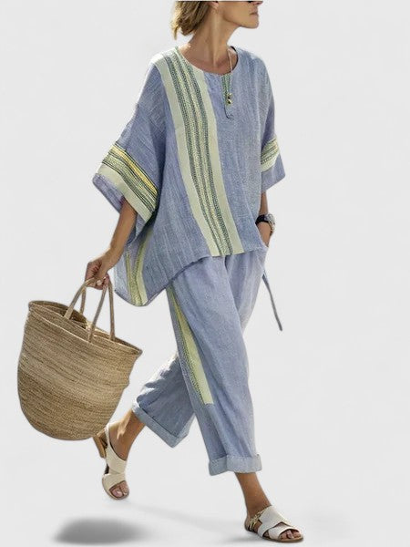 Marbella | Linen Top & Striped Wide Leg Pants Set