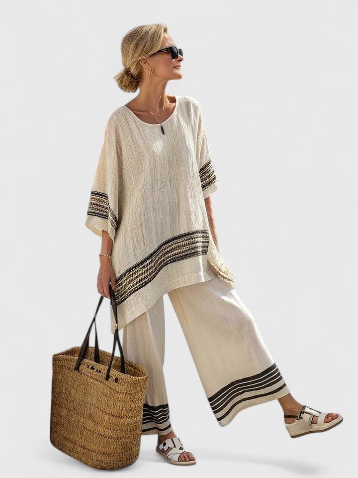 Marbella | Linen Top & Striped Wide Leg Pants Set