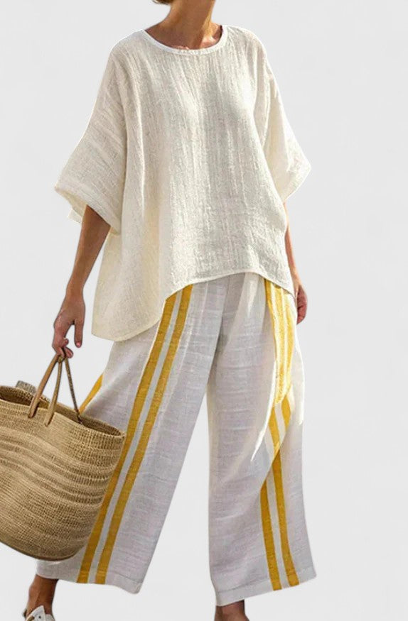 Marbella | Linen Top & Striped Wide Leg Pants Set