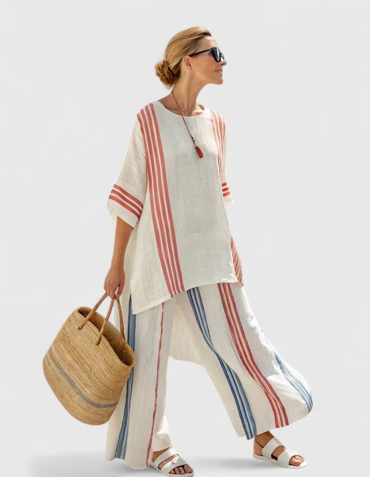 Marbella | Linen Top & Striped Wide Leg Pants Set