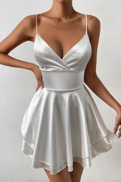 Clio | Satin Open-Back Pleated Skater Mini Dress