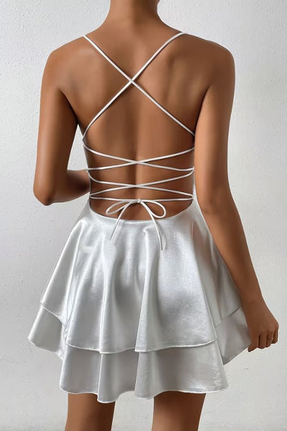 Clio | Satin Open-Back Pleated Skater Mini Dress