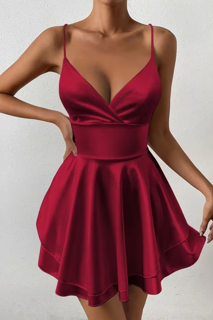 Clio | Satin Open-Back Pleated Skater Mini Dress