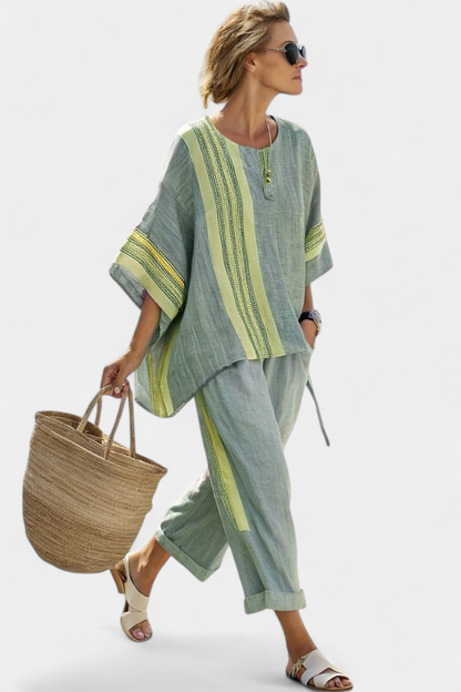 Eleonora | Linen Top & Striped Wide Leg Pants Set
