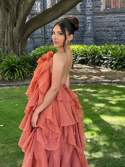 Halla | Halter Ruffle Tiered Maxi Cocktail Dress