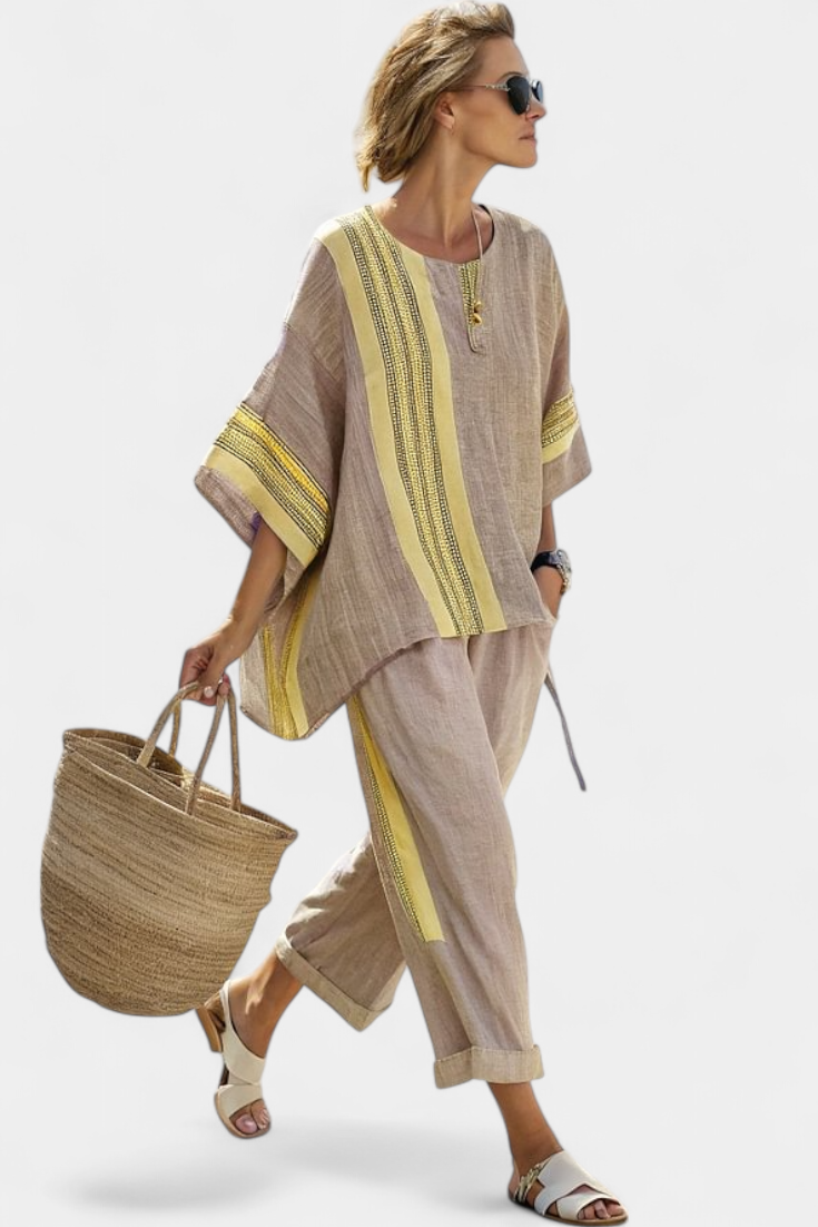 Eleonora | Linen Top & Striped Wide Leg Pants Set