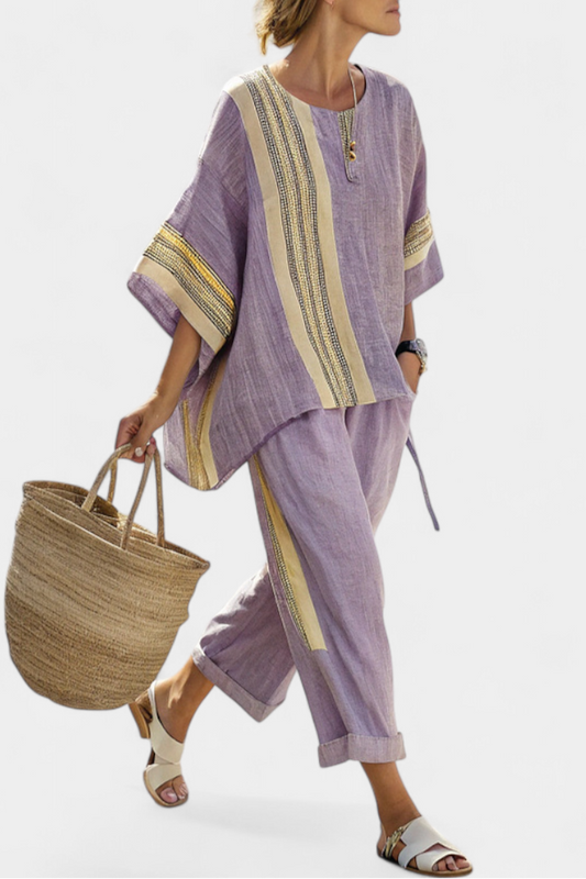 Eleonora | Linen Top & Striped Wide Leg Pants Set