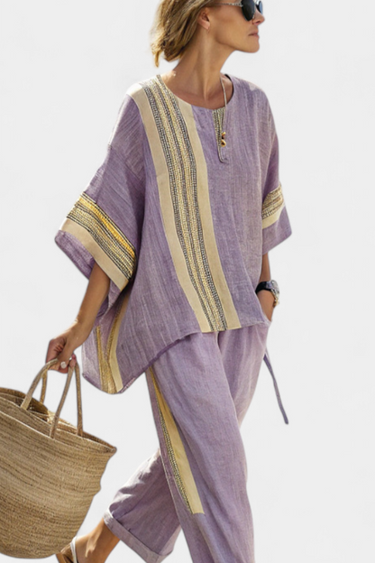 Eleonora | Linen Top & Striped Wide Leg Pants Set