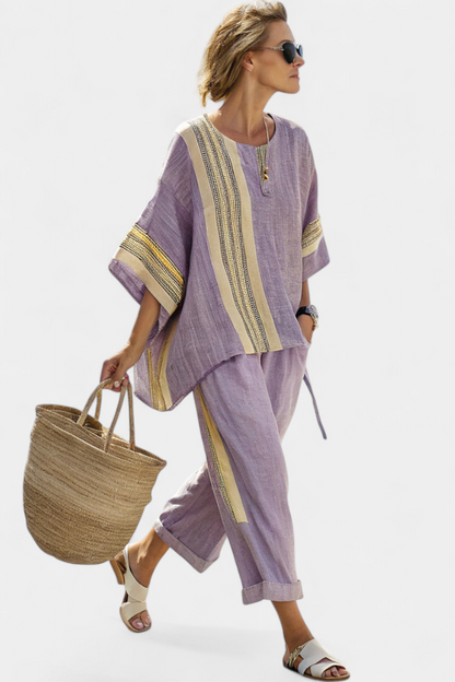 Eleonora | Linen Top & Striped Wide Leg Pants Set